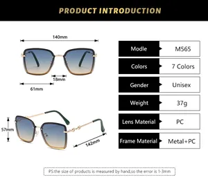 Detailed size chart for oversized rimless sunglasses showing dimensions and specifications