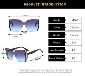 Detailed size specifications for oversized gradient lens shield rimless sunglasses