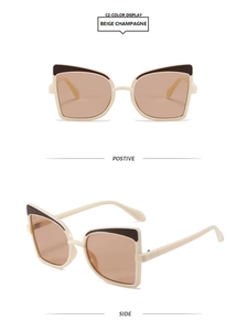 Front and side views of cat eye sunglasses with beige frames and champagne lenses