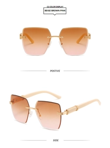 Frameless square sunglasses with gradient brown-pink lenses and gold metal accents