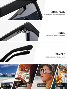 Détail de lunettes de soleil carrées oversize avec plaquettes intégrées et charnières