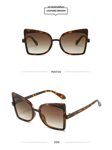 Front and side view of leopard cat eye sunglasses with brown gradient lenses