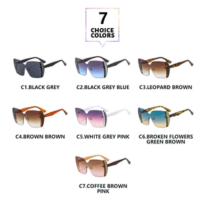 Detail view of oversized rimless sunglasses in seven stylish color and pattern variations