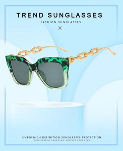 Détail de lunettes de soleil écaille verte avec branches en chaîne métallique dorée