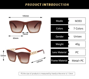 Detailed size chart for square frame metal chain sunglasses showing frame and lens dimensions