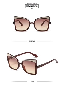 Front and side views of chunky brown cat eye sunglasses with gradient lenses