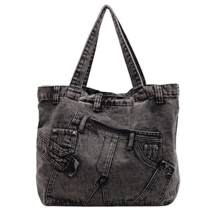 Retro charcoal grey denim tote bag with vintage pockets and street style aesthetic