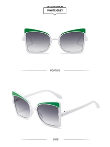 Detailed front and side views of white cat eye sunglasses with green accent color blocks
