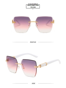 Detailed views showing rimless square gradient purple lenses and white wide temples