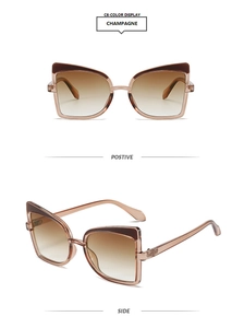 Champagne cat eye sunglasses with gradient brown lenses in front and side views