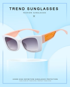 Détail de lunettes de soleil œil-de-chat blanches avec branches texturées et UV400