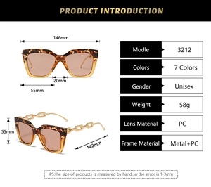 Guide des dimensions pour lunettes de soleil léopard avec branches chaîne dorée