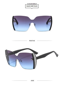 Detail view of rimless sunglasses with purple-blue gradient lenses and silver glitter accents