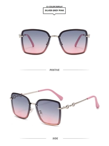 Detail view of rimless square oversized sunglasses with gradient grey pink lenses