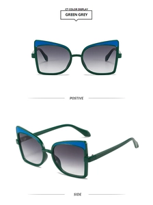 Detailed front and side views of green cat-eye sunglasses with blue color-blocking accents