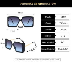 Detailed size chart for square sunglasses featuring black frames and gradient lenses