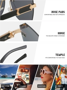 Detail view of comfortable nose pads and durable hinges on rimless fashion sunglasses
