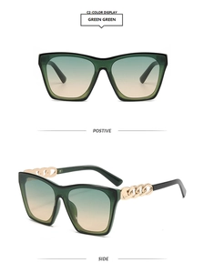 Square green frame sunglasses with gold chain temples in front and side views