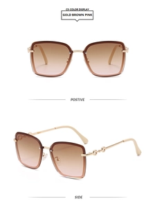 Front and side view of gold metal sunglasses with brown-pink gradient square lenses