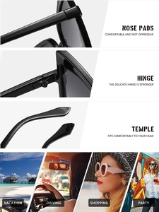 Detail view of comfortable nose pads, reinforced hinges and stylish temples on cat eye sunglasses