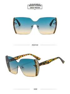 Detail of tortoise frame sunglasses with glitter edges and blue-yellow gradient lenses