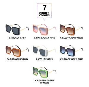 Detail view of seven stylish square oversized sunglasses with sparkling glitter accents