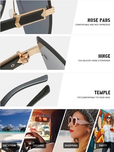 Detail view of gold metal hinges and nose pads on rimless gradient sunglasses