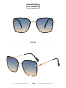 Frameless oversized square sunglasses with gold metal temples and blue-brown gradient lenses