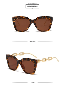 Détails des lunettes de soleil léopard avec branches chaîne dorée et verres marron