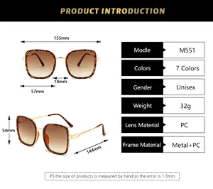 Tableau des tailles détaillé pour lunettes de soleil carrées avec dimensions du modèle M551