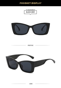 Vues de face et de côté des lunettes de soleil œil-de-chat carrées à monture noire