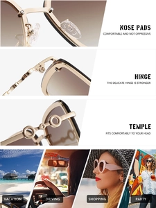 Detailed views of gold metal frames and gradient lenses for oversized sunglasses