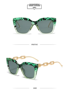 Détails de lunettes carrées léopard vert avec branches élégantes en chaîne de métal doré