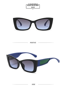 Détail de lunettes de soleil œil-de-chat carrées avec verres dégradés et branches bleues