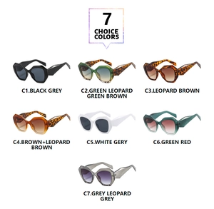 Matrix showing geometric polygonal sunglasses in seven diverse color combinations