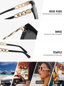 Detail of ergonomic nose pads, gold chain temple, and scenes of use for square sunglasses