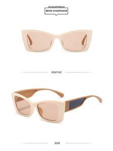 Vue détaillée de face et de profil de lunettes de soleil œil-de-chat beige champagne