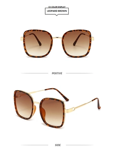 Détails de lunettes de soleil carrées léopard avec branches dorées et verres marron
