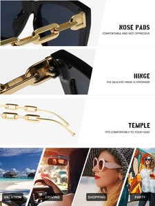 Détail de lunettes de soleil de luxe avec branches en chaîne dorée et charnières