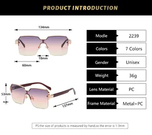 Detailed size chart and specifications for rimless square sunglasses with dimensions