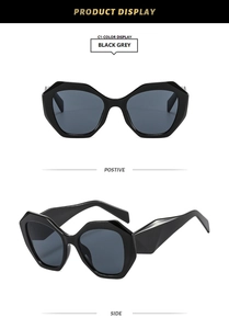 Front and side views of chunky black geometric octagon sunglasses with grey lenses