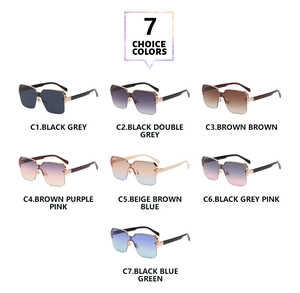 Detailed catalog showing seven colors of oversized square semi-rimless fashion sunglasses