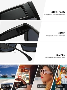 Vue détaillée de lunettes de soleil carrées avec charnières renforcées et plaquettes