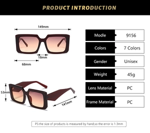 Detailed size chart of square frame retro sunglasses with dark red PC frame and dimensions