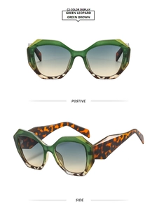 Detail view of geometric sunglasses featuring green and leopard tortoiseshell contrast frames