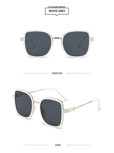 Détail des lunettes de soleil carrées à monture blanche avec branches dorées