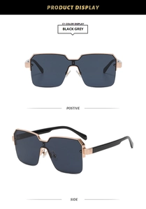 Front and side view of geometric semi-rimless sunglasses in rose gold and black grey