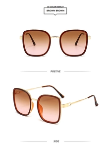 Détails de lunettes de soleil carrées en métal doré avec verres dégradés et branches ajourées