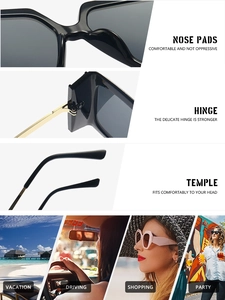 Detailed close-up of ergonomic nose pads and hinges on black square frame sunglasses