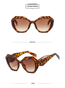 Detailed front and side view of leopard brown polygon sunglasses with gradient lenses
